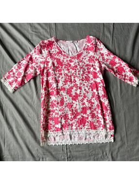 Elena Baldi 100% Linen Tunic Top Pink Floral 3/4 Sleeves Lace Detail Sz Small